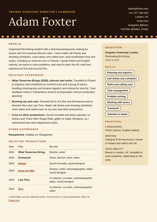 Preview of Adam Foxter's CV for assistant director roles