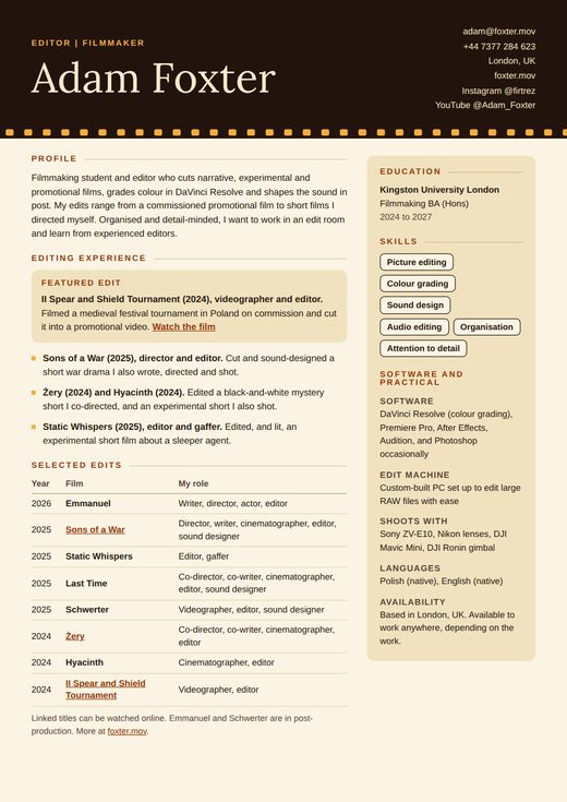 Preview of Adam Foxter's CV for editor roles