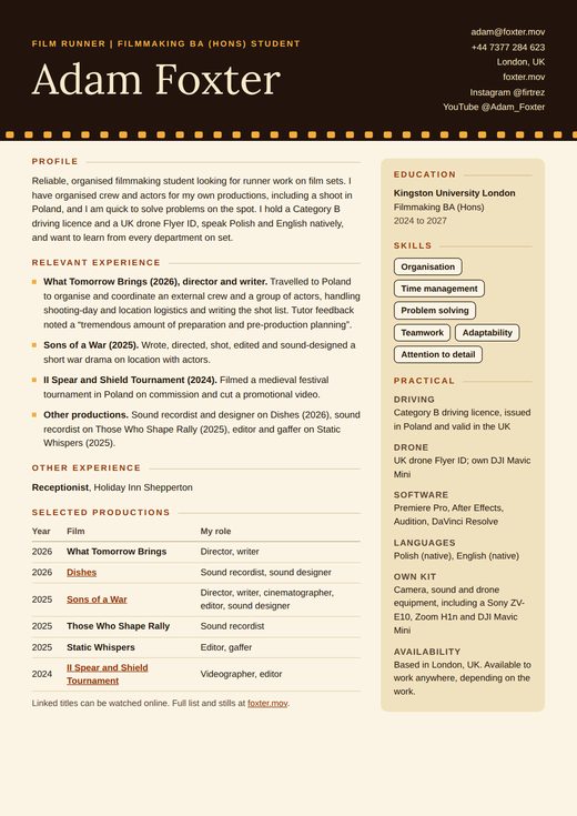 Preview of Adam Foxter's CV for runner roles