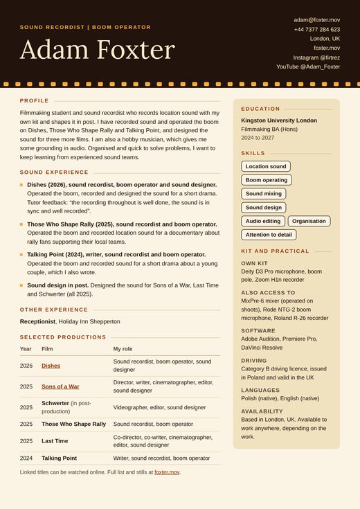 Preview of Adam Foxter's CV for sound recordist and boom operator roles